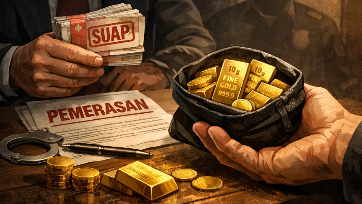 Ilustrasi pemerasan memakai emas. (AI)