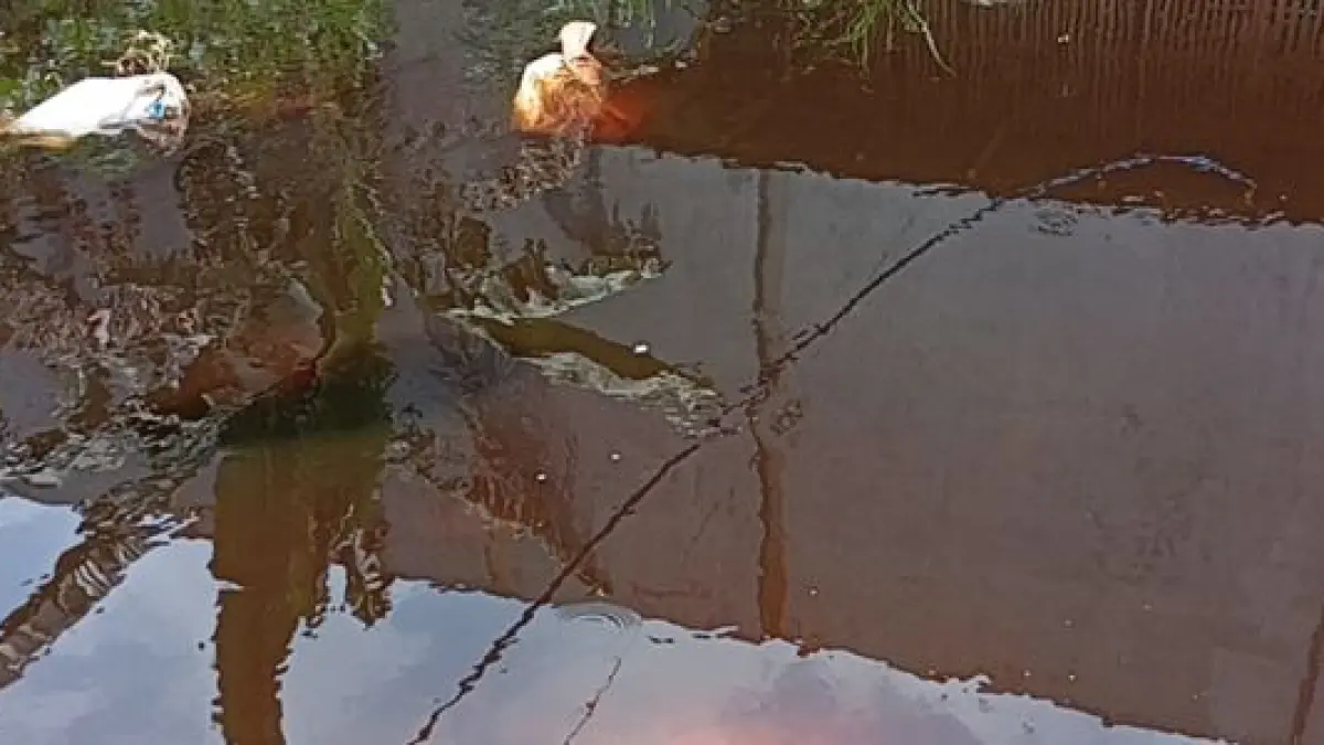 BELUM DIKETAHUI PENYEBABNYA: Aliran sungai di Kelurahan Mulyorejo tampak berwarna merah dalam beberapa hari terakhir. Pihak DLH Kota Malang tengah menyelidiki penyebabnya. (Foto: DLH Kota Malang)