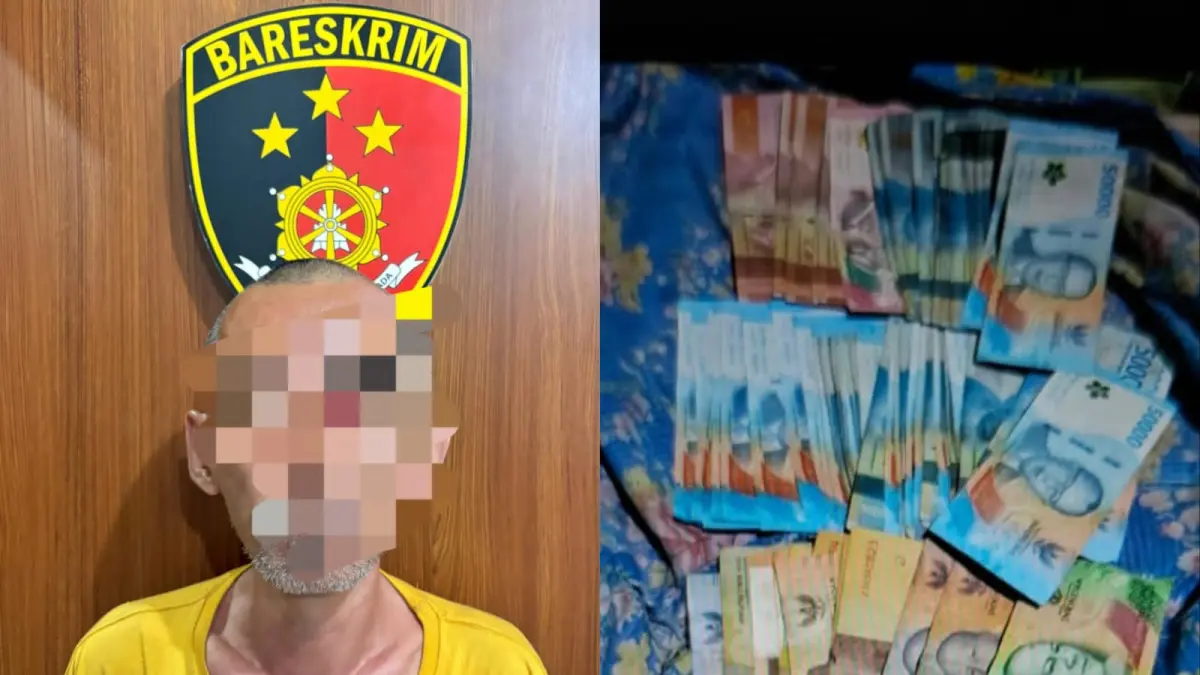 Pelaku pencurian uang di Junrejo dan barang bukti yang diamankan. (Polres Batu)