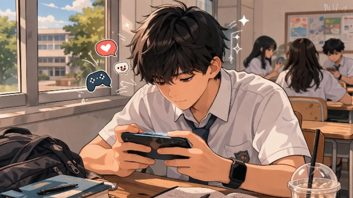 Ilustrasi penggunaan ponsel di sekolah oleh siswa.