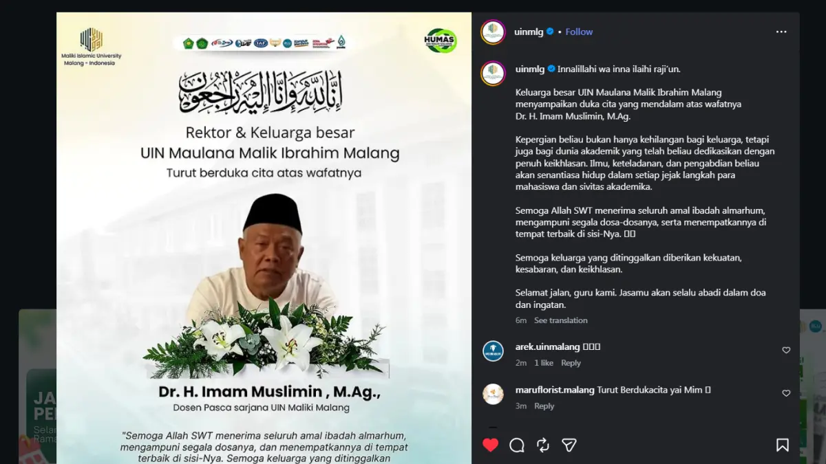 Postingan UIN Malang berbela sungkawa atas wafatnya Kyai Mim, Senin (13/4). (Instagram @uinmlg)