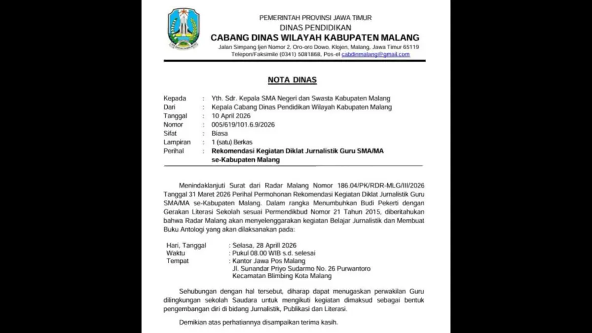 DUKUNGAN: Nota dinas dari Cabdindik Kabupaten Malang