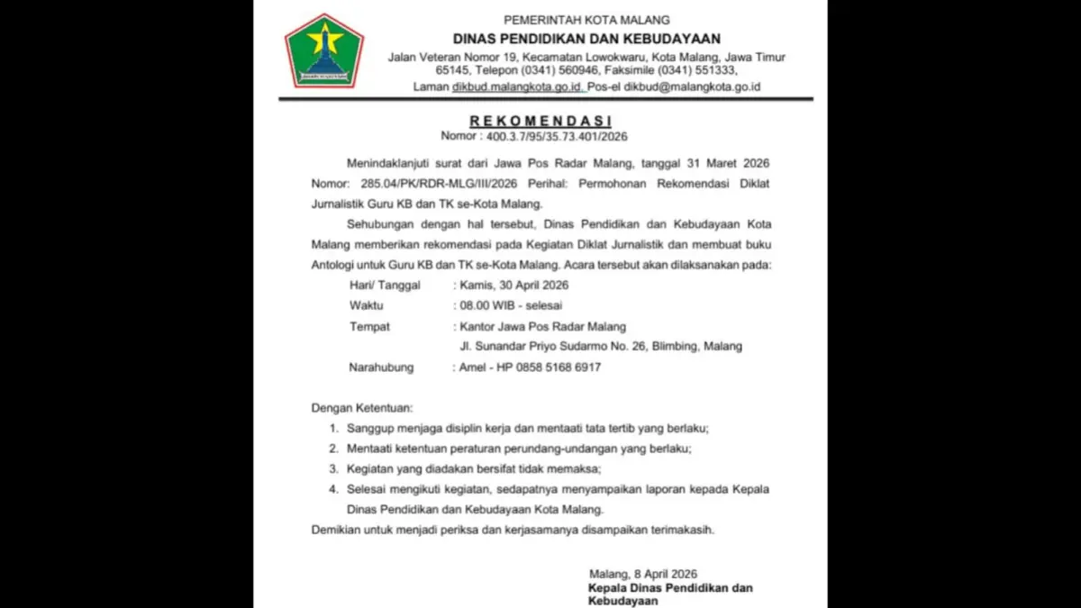 SUPPORT: Surat rekomendasi dari Disdikbud Kota Malang.