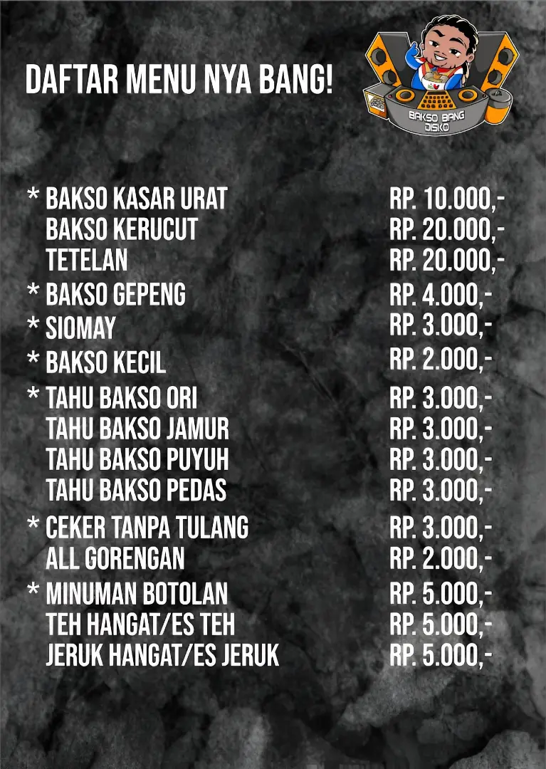 Daftar menu dan harga. (Bakso Bang Disko / Google Maps)
