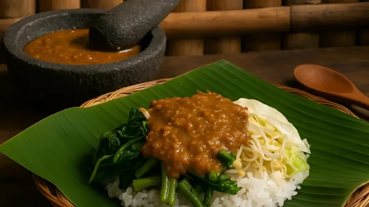 Kenikmatan nasi pecel dengan sayuran dan sambal kacang. (Media Jabejabe / Google)