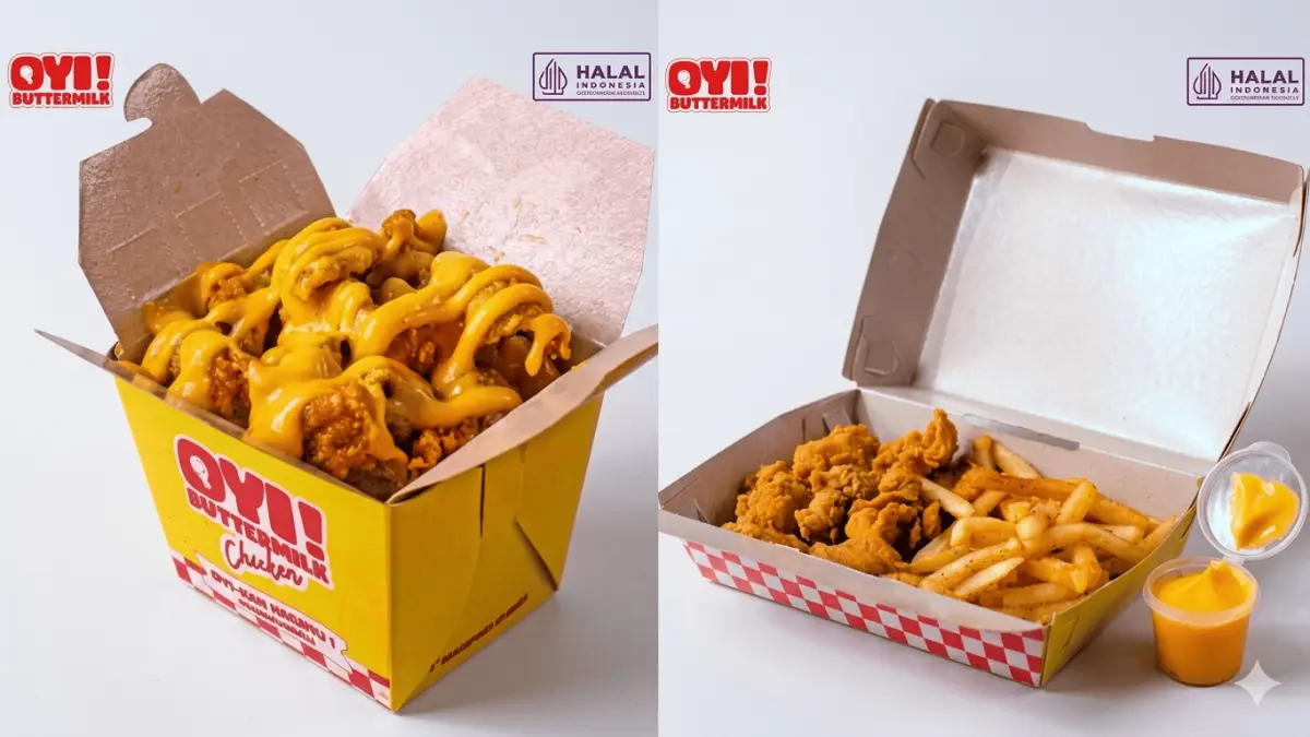 Dua kemasan menunjukkan sajian ayam goreng krispi dengan nasi dan ayam dengan kentang goreng. (Sumber: Istimewa)