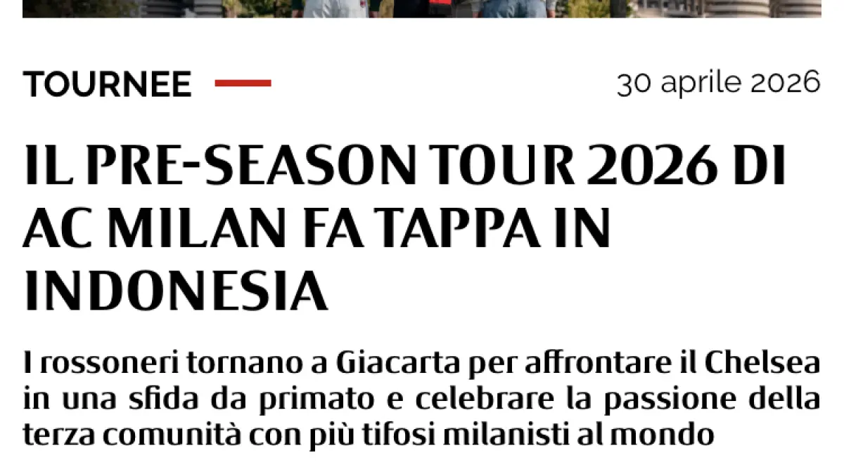 Tangkapan layar kabar AC Milan melawan Chelsea di Jakarta pada 8 Agustus mendatang. (Website AC Milan)
