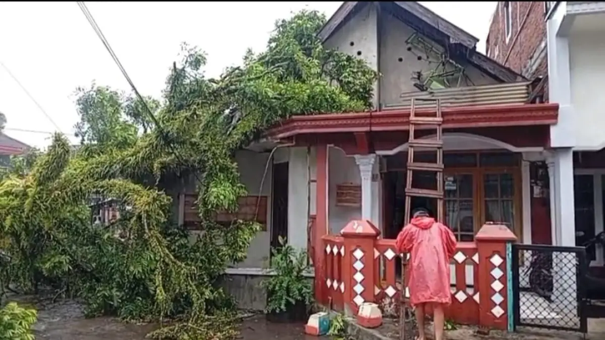 BENCANA: Seorang warga berusaha memeriksa bagian atap rumahnya yang tertimpa pohon. dua desa di kecamatan jabung diterpa angin kencang kemarin.