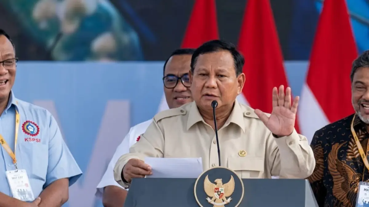 MAY DAY 2026: Prabowo hadiri acara May Day di Monas, Jakarta Pusat, pada (1/5/2026). Ia menyampaikan target pembangunan daycare, 1 juta rumah, hingga kota baru dengan fasilitas lengkap. (Sumber: Istimewa)