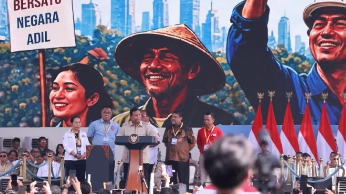 Presiden Prabowo Subianto dalam peringatan Hari Buruh Internasional (May Day) di Lapangan Monas, Jakarta Pusat, Jumat (1/5). (@presidenrepublikindonesia)