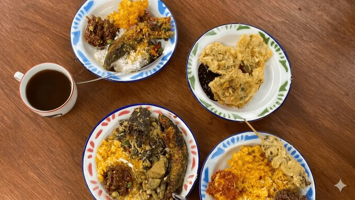 Hidangan lengkap dengan nasi, aneka lauk pauk, gorengan dan secangkir kopi. (Lukman / Google Maps)