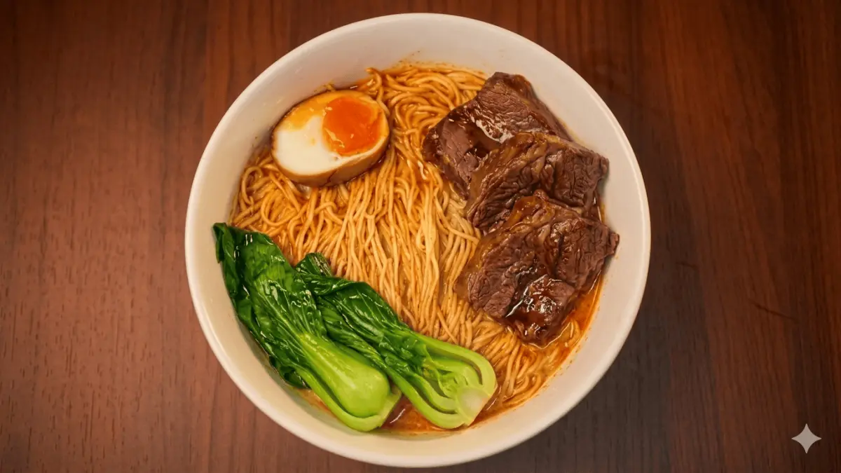 Hidangan lezat dengan potongan daging, telur rebus dan sayuran hijau. (Abadi Jaya Noodles)