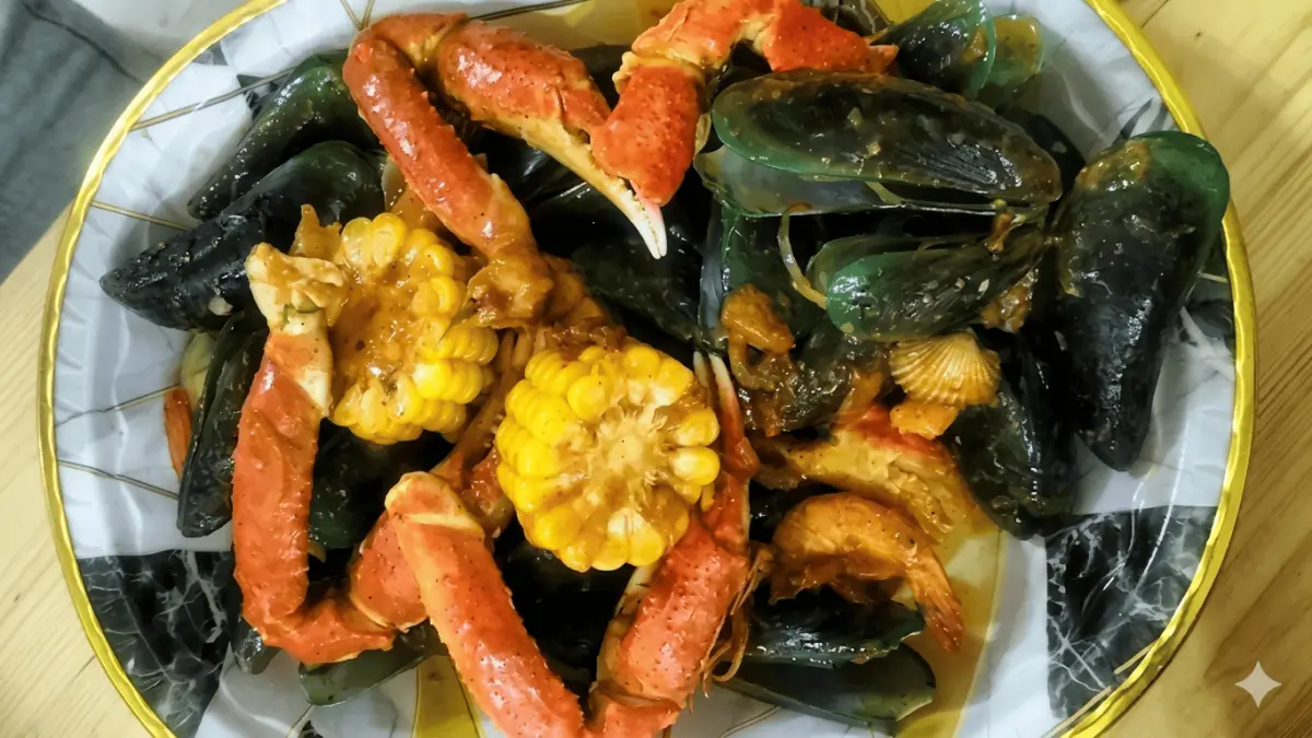Hidangan seafood berisi perpaduan kepiting, kerang hijau dan jagung. (Ella Setyana / Google Maps)