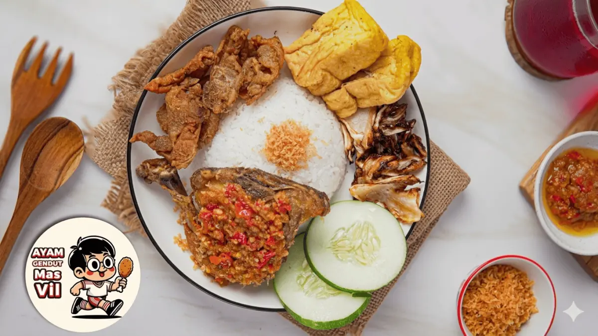 Sepiring nasi ayam goreng dengan sambal, timun, kol, tahu dan kulit. (Ayam Goreng Mas Vil / Google Maps)