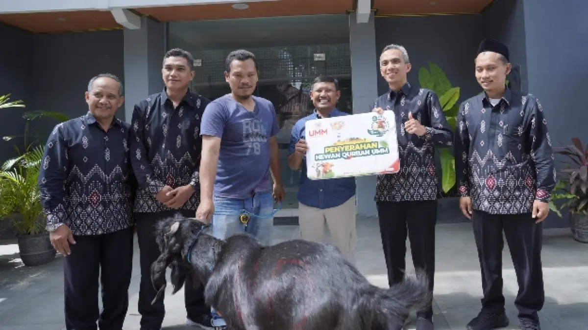 BERBAGI: Perwakilan Universitas Muhammadiyah Malang (UMM) menyalurkan hewan kurban.