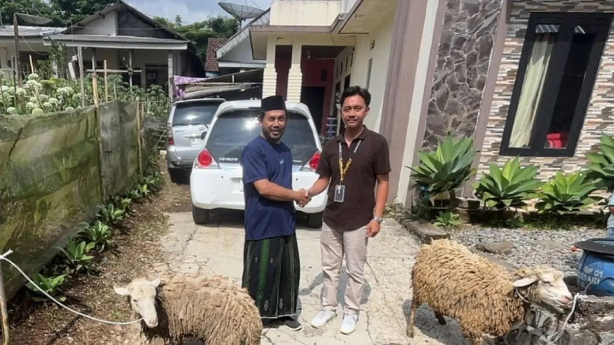SERAHKAN DOMBA: Selain sapi, Santerra de Laponte juga menyerahkan dua ekor domba kepada pengurus musala di Desa Pandesari, Pujon.