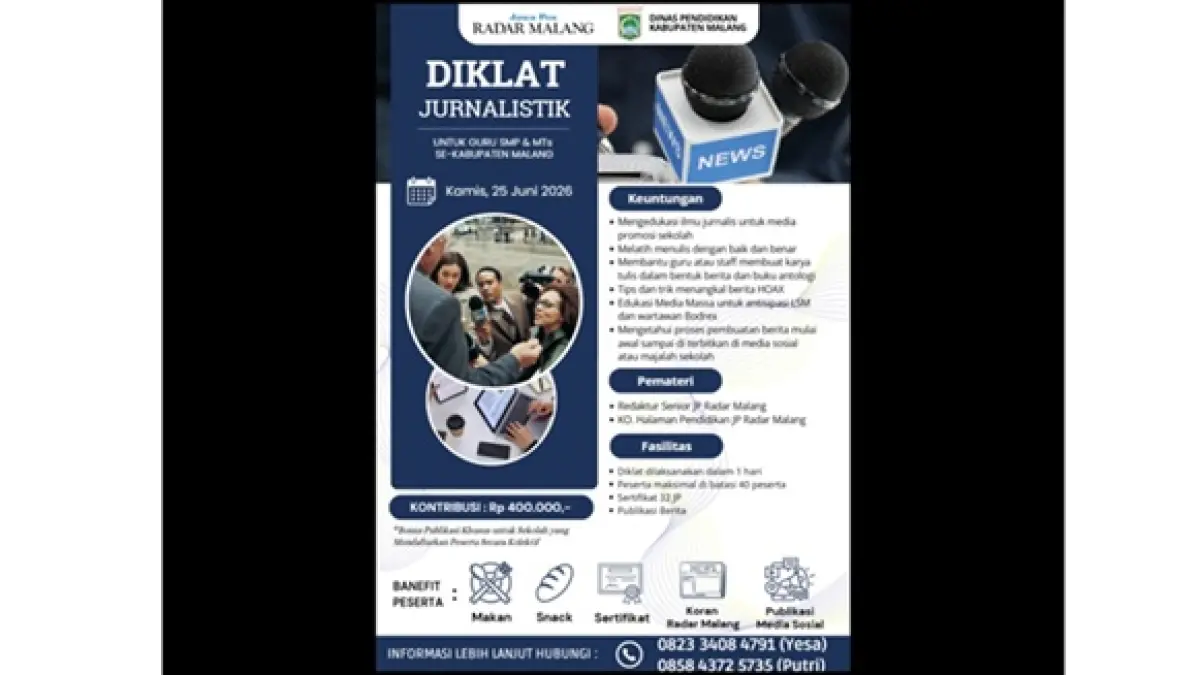 Buruan Daftar, Diklat Jurnalistik untuk Guru SMP/MTs Kabupaten Malang Digelar 25 Juni