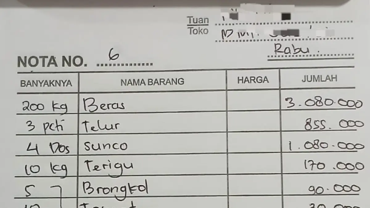 TAK DIBAYAR: Nota pembelian sejumlah barang yang jadi barang bukti polisi.
