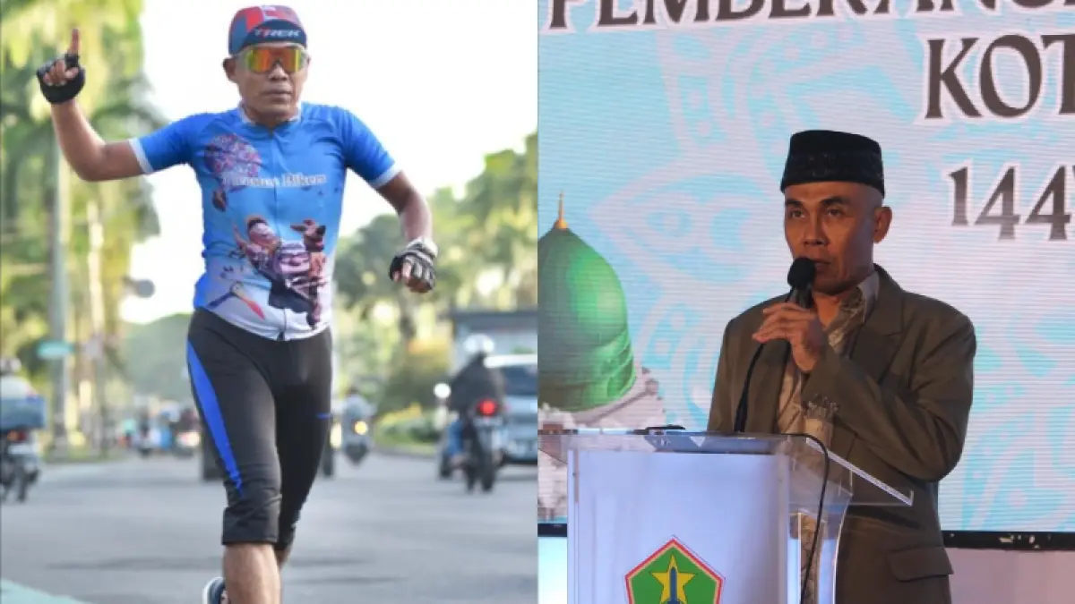 Ahmad Sholeh berlari melewati Jalan Ijen menuju Balai Kota Malang untuk berangkat dinas setiap pagi. Foto kanan, Ahmad Sholeh memberikan sambutan sebagai Kabag Kesejahteraan Rakyat Setda Kota Malang beberapa waktu lalu. (Dokumen Ahmad Sholeh)
