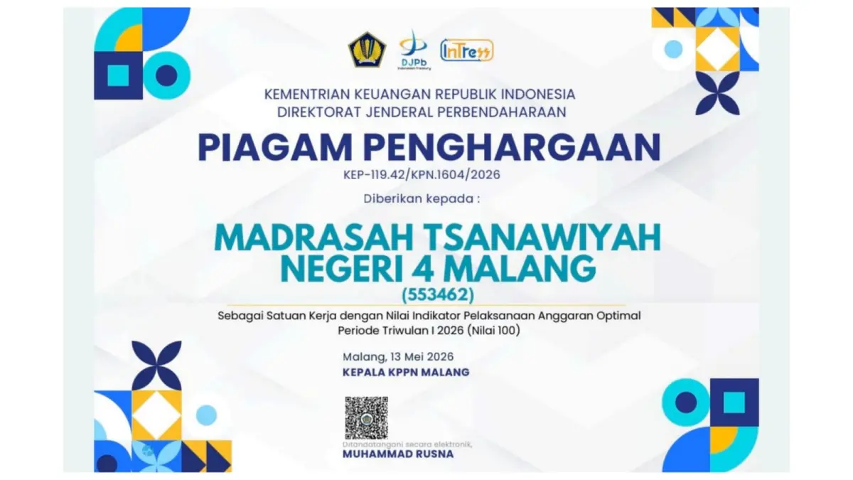 MEMBANGGAKAN: Piagam Penghargaan dari Direktorat Jenderal Perbendaharaan Kementerian Keuangan Republik Indonesia melalui Kantor Pelayanan Perbendaharaan Negara (KPPN) Malang.