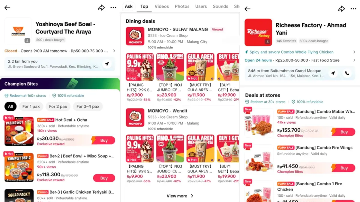 Tampilan pembelian makanan dan minuman menggunakan voucher TikTok. (TikTok)