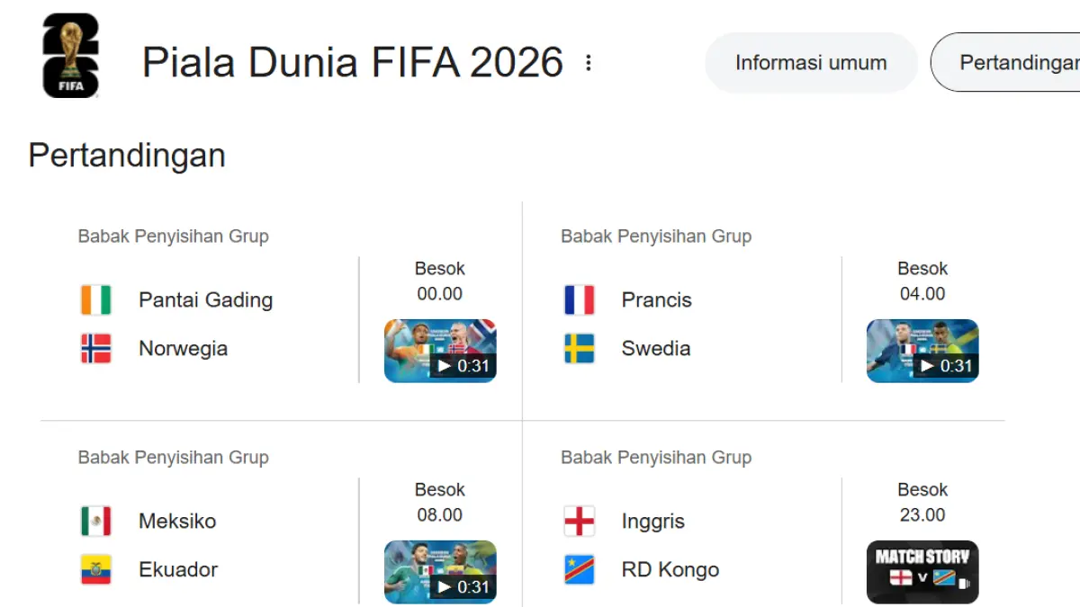 Jadwal pertandingan Piala Dunia malam ini (Sumber: Google)