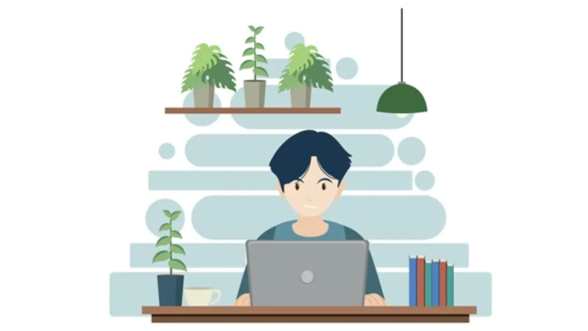 A man working using laptop flat design illustration