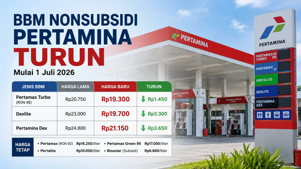 Ilustrasi penurunan harga BBM nonsubsidi Pertamina mulai 1 Juli 2026.