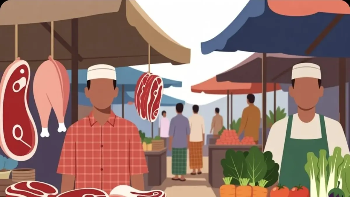 DUA DIMENSI: Ilustrasi pedagang di pasar. Dalam Islam, bekerja bisa berdimensi keduniaan sekaligus keakhiratan. (GAMBAR AI)