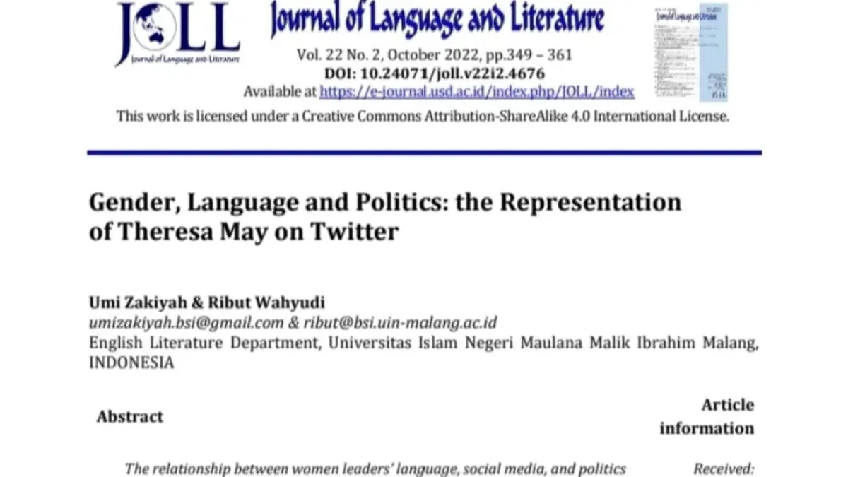 KARYA MAHASISWA: Artikel yang ditulis oleh Umi Zakiyah mahasiswa Sastra Inggris UIN Malang dimuat di jurnal Journal of Language and Literature (JOLL, terindeks Sinta 2), Universitas Sanata Dharma.