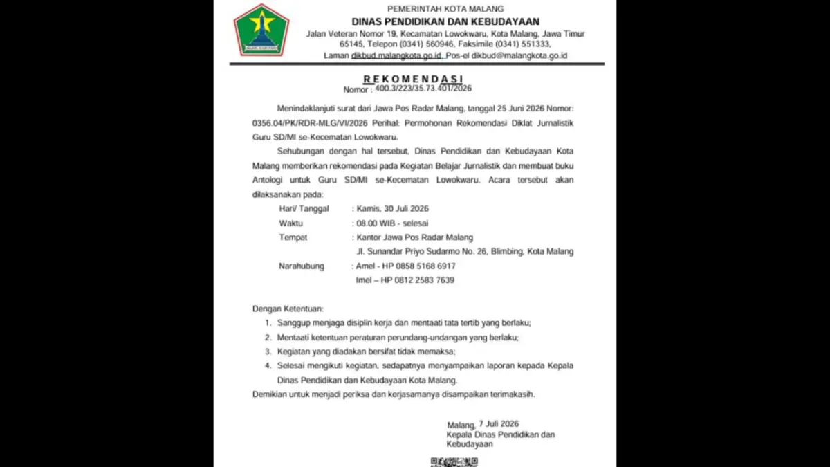 DUKUNGAN: Surat rekomendasi Disdikbud Kota Malang tentang Diklat Jurnalistik Guru SD/MI Kecamatan Lowokwaru.