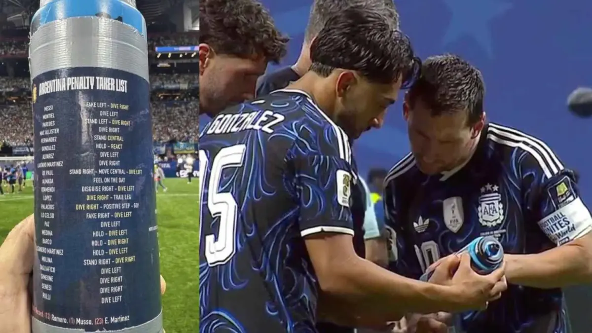 Botol minum Jordan Pickford yang berisi catatan arah tendangan penalti pemain Argentina viral usai semifinal Piala Dunia 2026  (X/bolabol77)