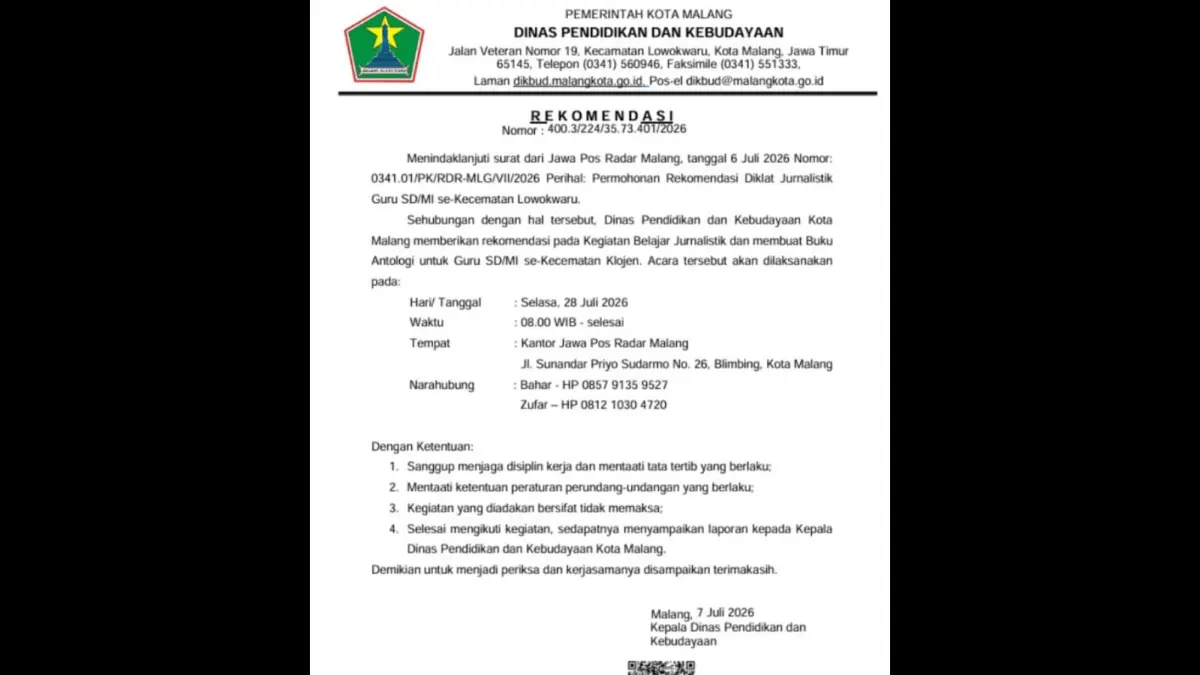 DARI DINAS: Surat rekomendasi resmi terkait kegiatan Diklat Jurnalistik Guru SD/MI Kecamatan Klojen.