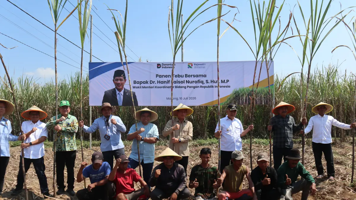 PANEN TEBU: Wamenko Bidang Pangan RI Hanif Faisol Nurofiq saat kunjungan lapangan kebun tebu dengan protas min 100 ton/ hektare di Desa Ganjaran, Kecamatan Gondanglegi PG Krebet Baru.