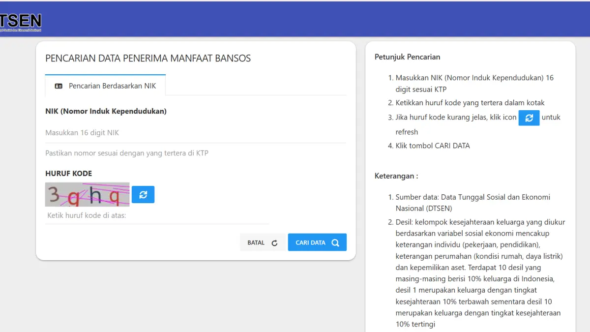 Tangkapan layar laman cekbansos.kemensos.go.id. (Sumber: Hanif Pratama/Radar Malang)