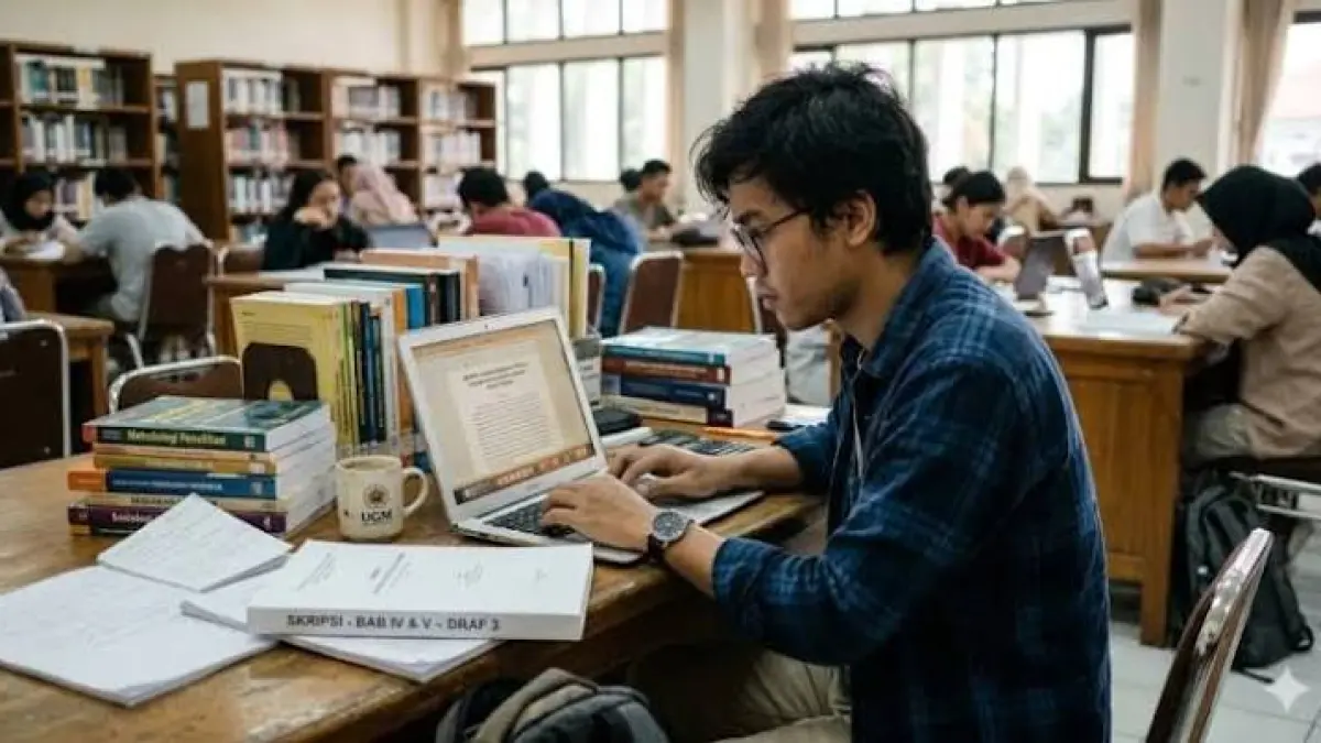 Mahasiswa mengerjakan skripsi di perpus (Sumber: Profesi UNM)