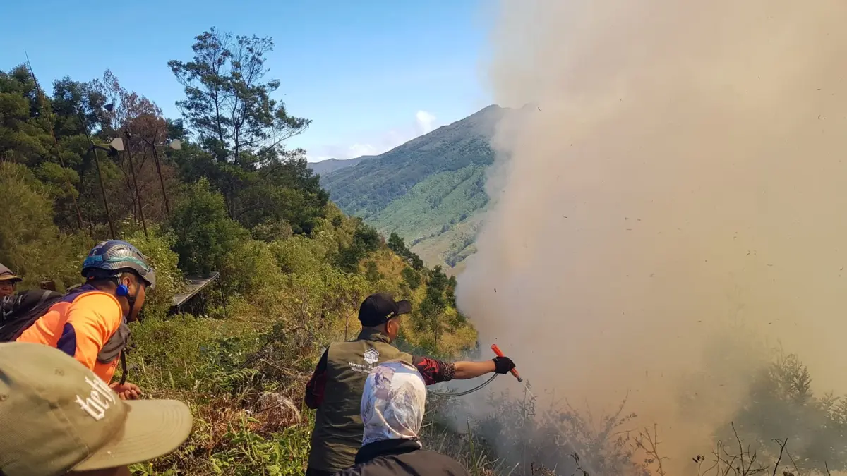 API MELUAS: Petugas memadamkan kobaran api yang membakar hamparan hutan di sekitar Padang Savana. 