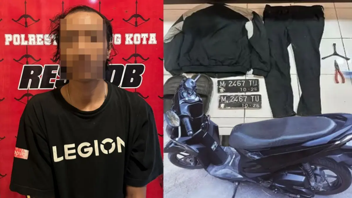 Pelaku curanmor dsn barang bukti yang diamankan. (Humas Polresta Malang Kota)