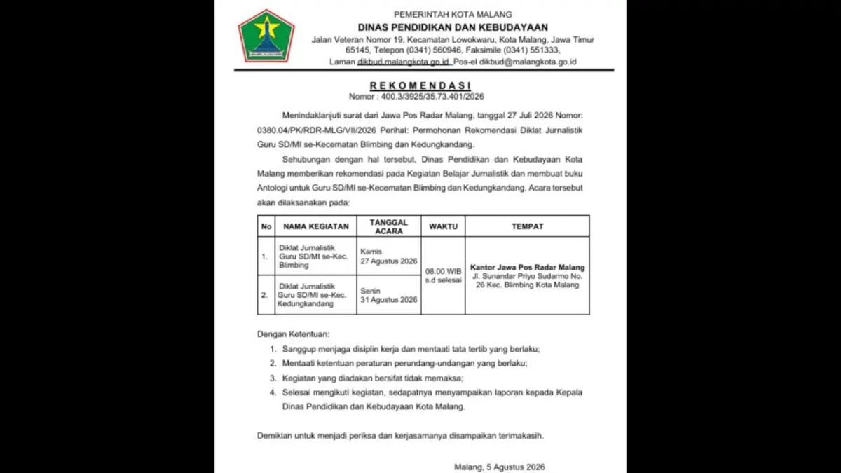 Surat rekomendasi dari Disdikbud Kota Malang