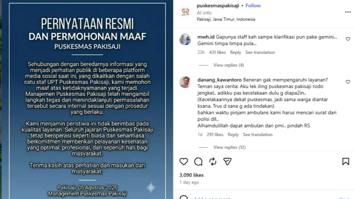 Puskesmas Pakisaji Dikritik Publik, Permintaan Maaf Diduga Pakai AI dan Pelayanan Ikut Disorot (Instagram/puskesmaspakisaji)