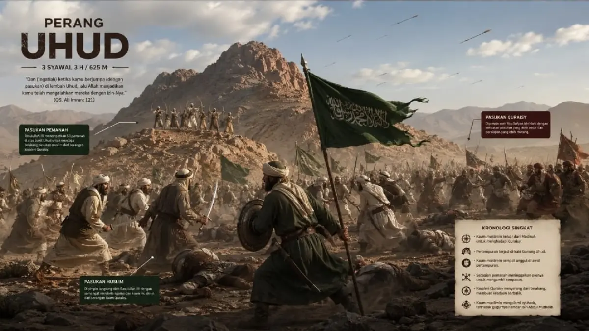 ILUSTRASI: Dalam Perang Uhud, Paman Nabi Muhammad SAW yang bernama Hamzah gugur. Peristiwa ini yang melatarbelakangi turunnya ayat 27 surat Al Fajr. (gambar: CHATGPT)