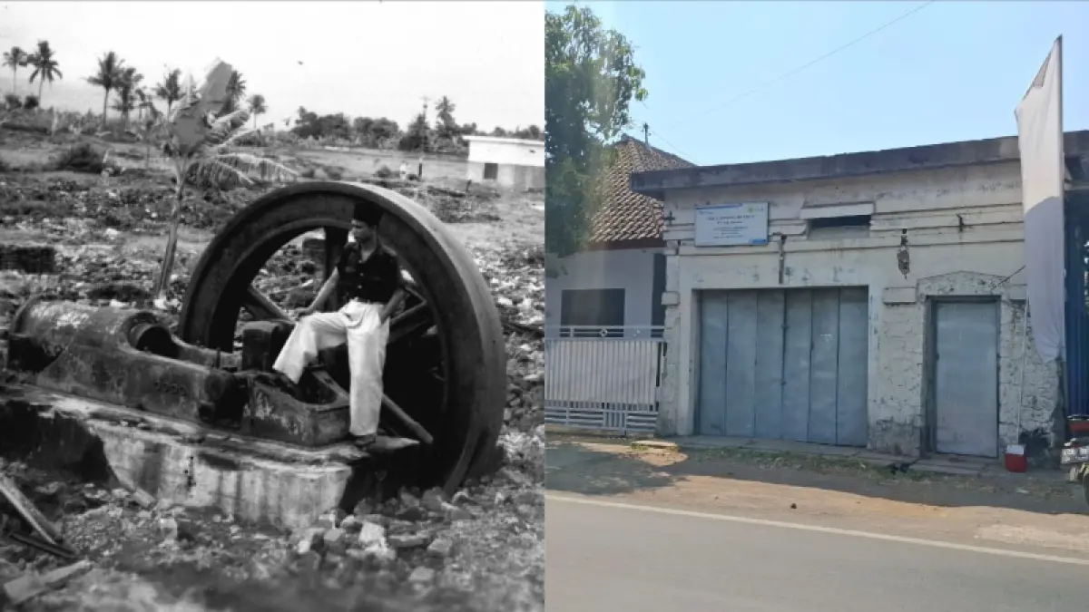 Kompleks pabrik NIMEF di Kendalpayak  setelah dihancurkan oleh penduduk pada 28 Februari 1951. Foto kanan, gardu berukuran 3x3 meter menjadi peninggalan yang tersisa dari NIMEF.  (Tropenmuseum dan Ramizard Rafsanjani/Radar Malang)