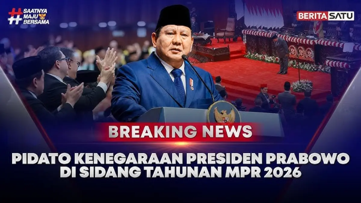 Presiden Prabowo Subianto menyampaikan pidato kenegaraan dalam Sidang Tahunan MPR RI di Kompleks Parlemen, Senayan, Jakarta, Jumat (14/8/2026). (Foto: YouTube BeritaSatu)