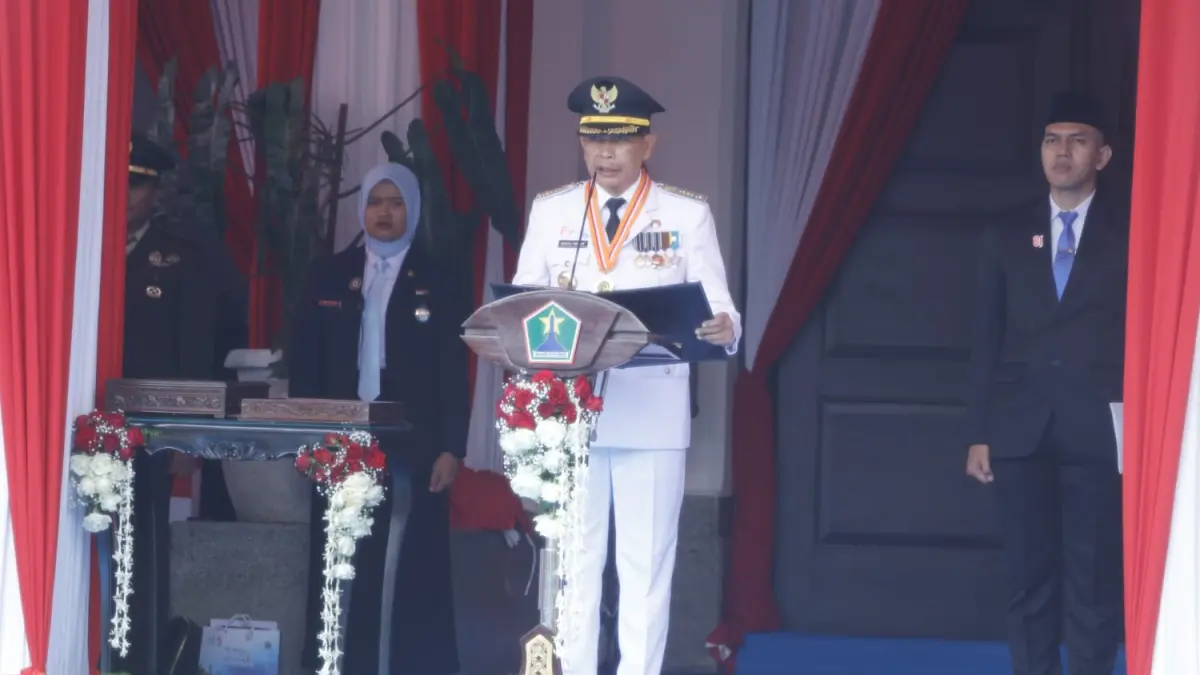 Wali Kota Malang Wahyu Hidayat memberikan sambutan peringatan HUT Kemerdekaan, hari ini. (Prokompim Setda Kota Malang)