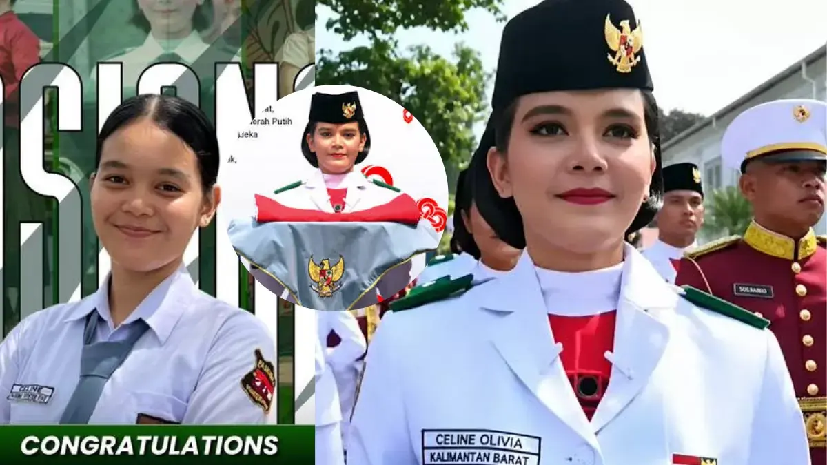 Sosok Celine Olivia Apriani Theo, siswi SMKN 5 Pontianak asal Kalimantan Barat, saat bertugas sebagai pembawa baki Bendera Sang Saka Merah Putih dalam Upacara HUT ke-81 RI di Istana Merdeka. (Foto: ProKhatulistiwa.com)