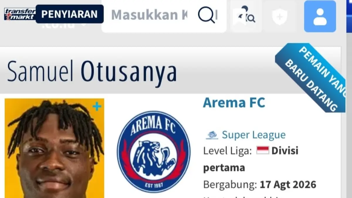 Tangkapan layar website Transfermarkt memperlihatkan Samuel Ortusanya sudah berstatus pemain Arema FC. (Tangkapan layar)