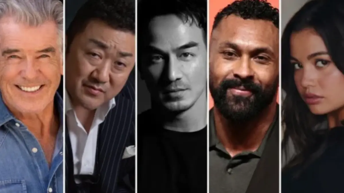 Deretan bintang yang memperkuat film laga Extraction 3, dari kiri ke kanan: Pierce Brosnan, Don Lee (Ma Dong-seok), Joe Taslim, Chi Lewis-Parry, dan Siena Agudong. (Foto: Tangkapan Layar via Portal JTV)