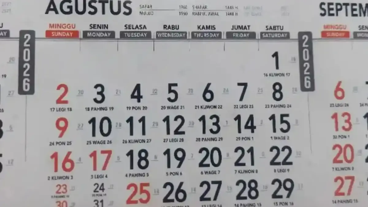 Kalender bulan Agustus 2026 yang menunjukkan tanggal 25 Agustus sebagai tanggal merah peringatan Maulid Nabi Muhammad SAW. (Foto: Tangkapan Layar via Headline.co.id)