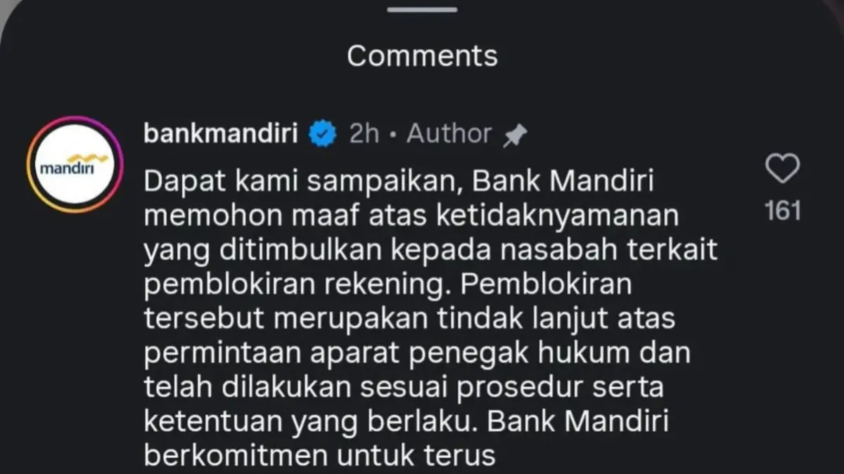 Pernyataan permohonan maaf Bank Mandiri melalui kolom komentar. Sumber: Instagram.