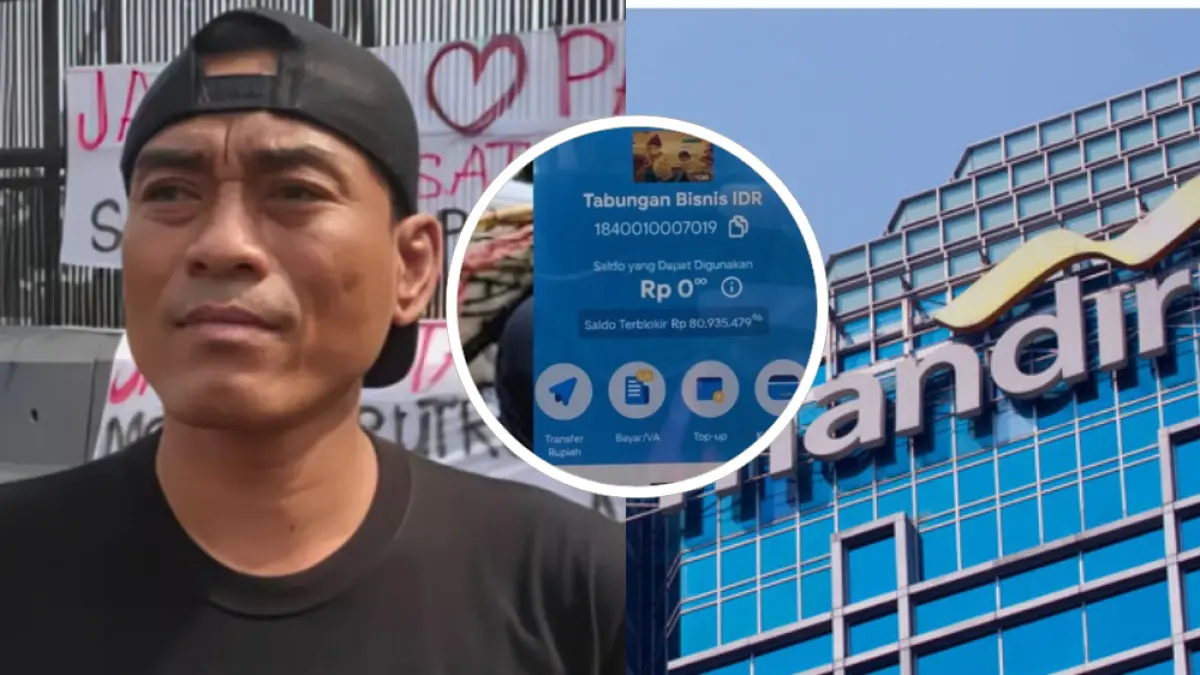 Foto koordinator aksi massa asal Pati beserta bukti tangkapan layar pemblokiran saldo rekening senilai Rp80,9 juta di Bank Mandiri atas permintaan aparat penegak hukum. (Foto: Kolase Tangkapan Layar via Harian Disway)